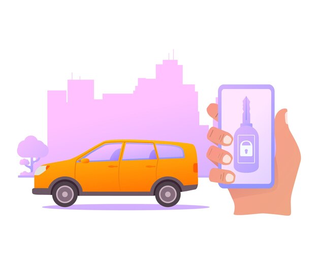 Seguridad inteligente de la llave del coche El teléfono inteligente controla el horizonte de la ciudad de automóviles inalámbricos con rascacielos