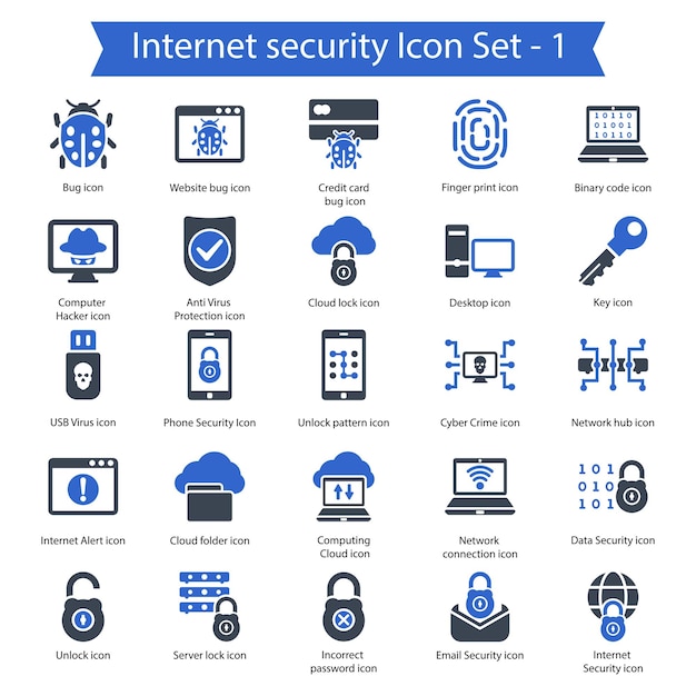 Seguridad de Internet Conjunto 1 Conjunto de íconos azules