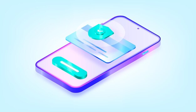 Seguridad de pago de aplicaciones móviles en línea. Verificación de pago. Ilustración de degradado 3D.