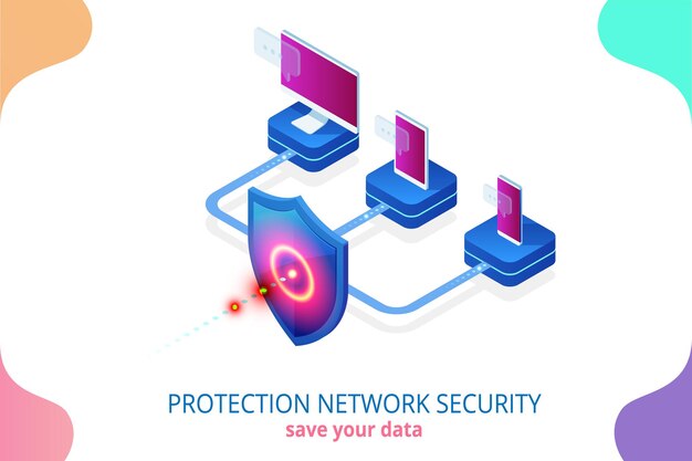 Seguridad de red de protección isométrica y seguridad de su concepto de datos Plantillas de diseño de página web Ciberseguridad Crimen digital por un hacker anónimo Ilustración vectorial