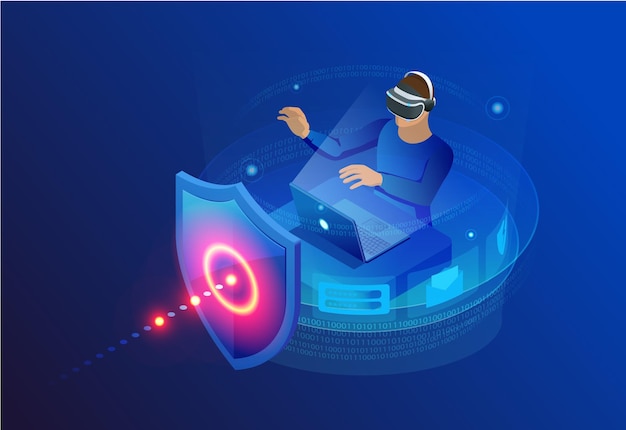 Seguridad de red de protección isométrica y seguridad de su concepto de datos Plantillas de diseño de página web Ciberseguridad Crimen digital por un hacker anónimo Ilustración vectorial