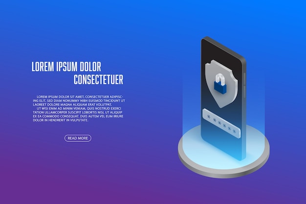 Seguridad de teléfono inteligente isométrica vectorial con concepto de contraseña Fondo abstracto de tecnología