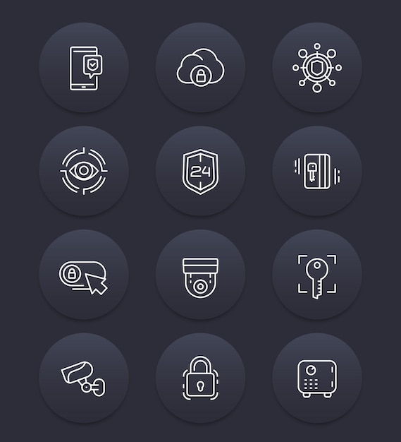 Seguridad, videovigilancia, escaneo biométrico, conjunto de iconos de línea de datos seguros