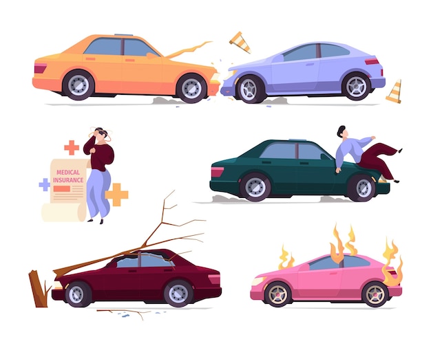 Vector seguro de accidentes automovilísticos. los vehículos dañados aplastan los problemas de robo de automóviles, llamas de fuego de la colección de ilustraciones de dibujos animados de vectores chillones de automóviles. seguro de vehículo, accidente de coche de emergencia.