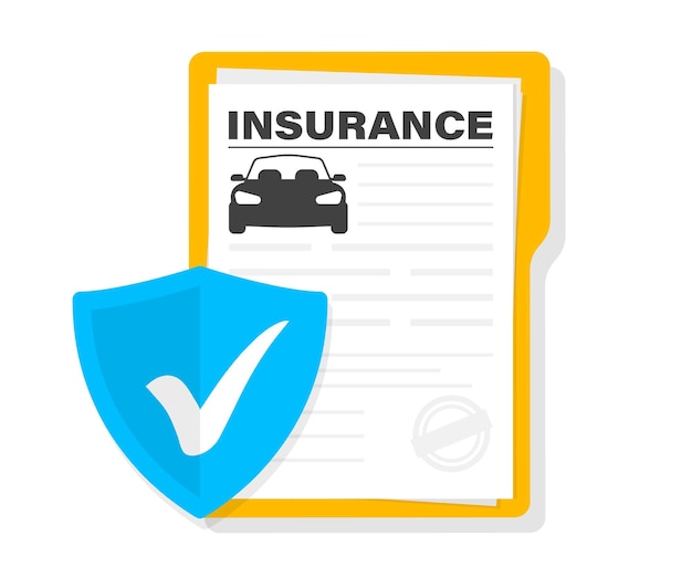 Seguro de auto. Póliza de seguros. Protegiendo el coche con seguro. Documento para la obtención del pago del seguro y protección del coche. Servicio de seguro de coche, propiedad de protección. Escudo con marca de verificación
