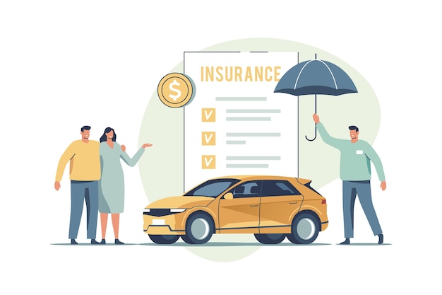 Seguro de automóvil Concepto de asistencia y protección de seguridad del automóvil Personas que compran o alquilan automóviles