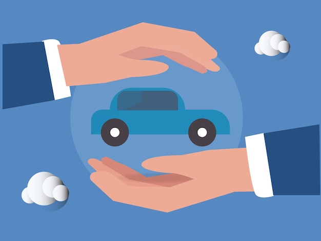 Seguro de automóvil o protección del automóvil Guardia de seguridad del vehículo o cobertura de garantía para el concepto de escudo de seguridad de accidentes de transporte La mano del hombre de negocios cubre suavemente la metáfora del automóvil del seguro del automóvil