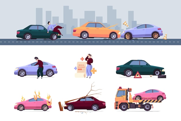 Vector seguro de coche. los conductores de accidentes automovilísticos salvan la vida problemas del vehículo robo dañado fuego llamativo vector seguro concepto imágenes planas. ilustración de accidente de auto, seguro de automóvil