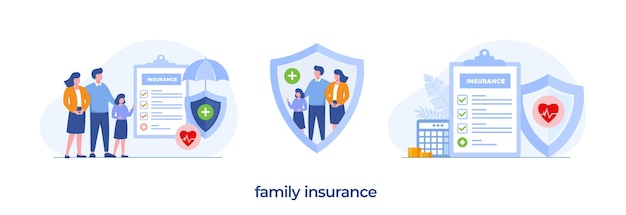 Seguro familiar seguro de salud concepto de protección paraguas cuidado de la salud página de destino ilustración plana vector plantilla