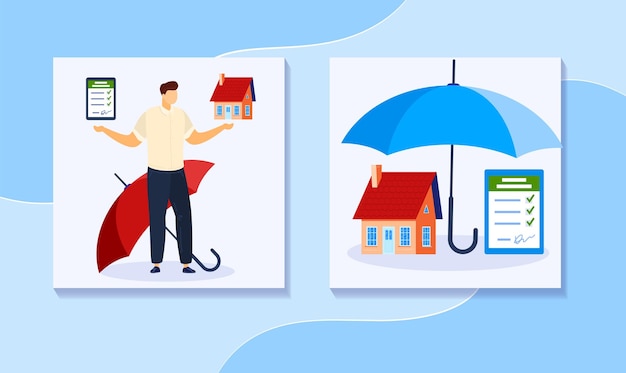 Seguro protección financiera negocio servicio vector ilustración dibujos animados hombre plano personaje sosteniendo casa y contrato de papel