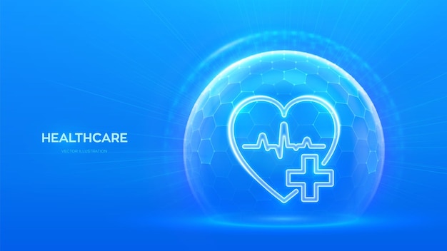 Seguro de salud Corazón con icono de cruz dentro del escudo de esfera de cúpula de protección transparente