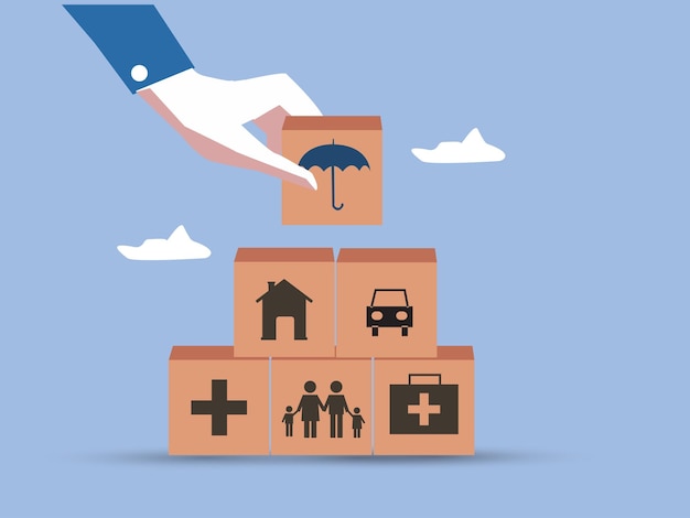 Seguro de vida de atención médica y bloques con manos de hombre para seguridad médica y planificación Inversión futura y jubilación con torre cúbica para ahorro de propiedad y medicina ilustración vectorial