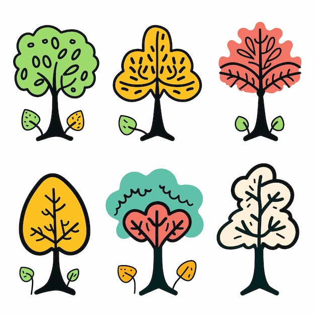 Vector seis árboles de dibujos animados de colores árboles de estilo simple dibujos diferentes formas de hojas tonos de otoño vibrantes