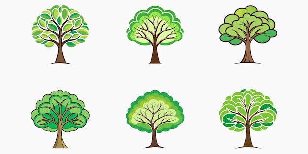 Seis árboles verdes estilizados perfectos para proyectos temáticos de la naturaleza