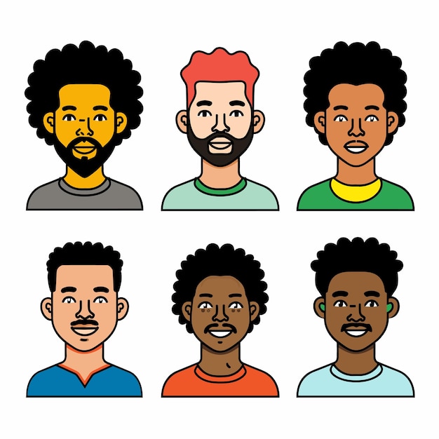 Seis avatares masculinos diversos etnia africana diferentes peinados estilos de barba Hombres sonrientes