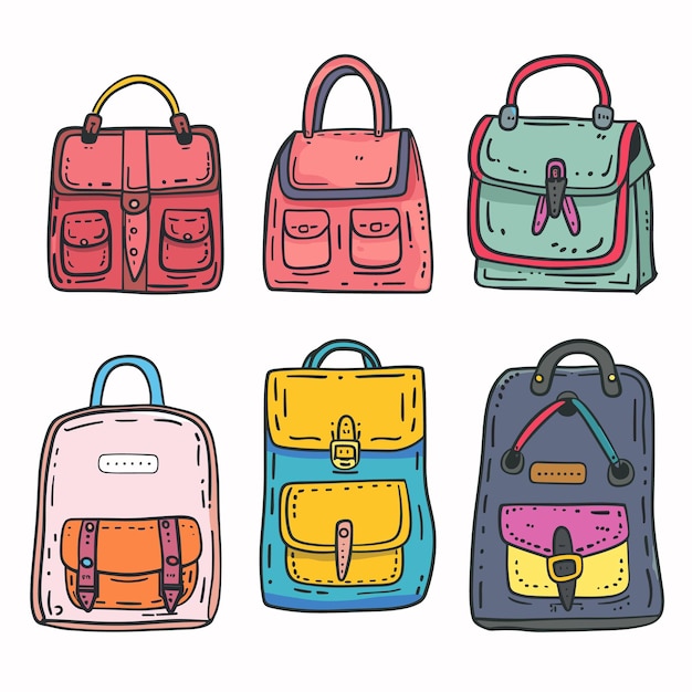 Seis bolsas de mano coloridas mochilas ilustradas de estilo de dibujos animados diseños variados con arte Doodle