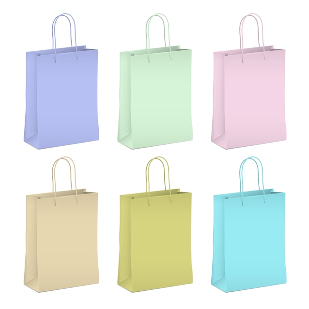 Vector seis bolsas de papel de compras vacías en colores pastel