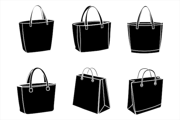 Seis bolsas Tote negras y bolsas de compras siluetas bolsa negra