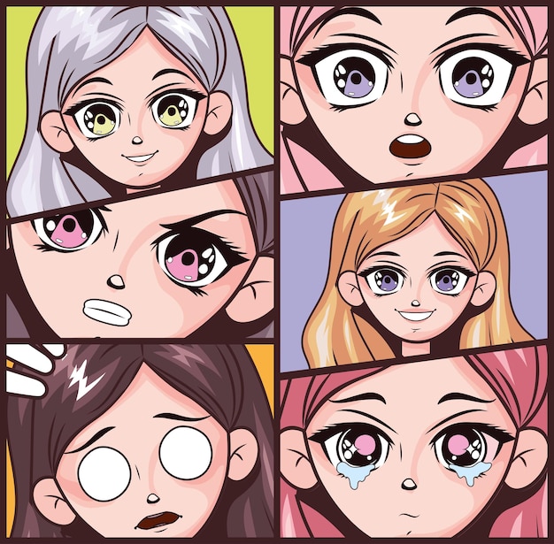 Vector seis caras de emociones de anime