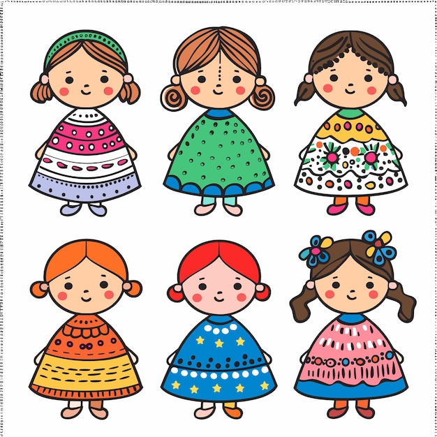 Seis chicas de dibujos animados vestidos coloridos caras sonrientes ilustración vectorial personajes lindos infantiles