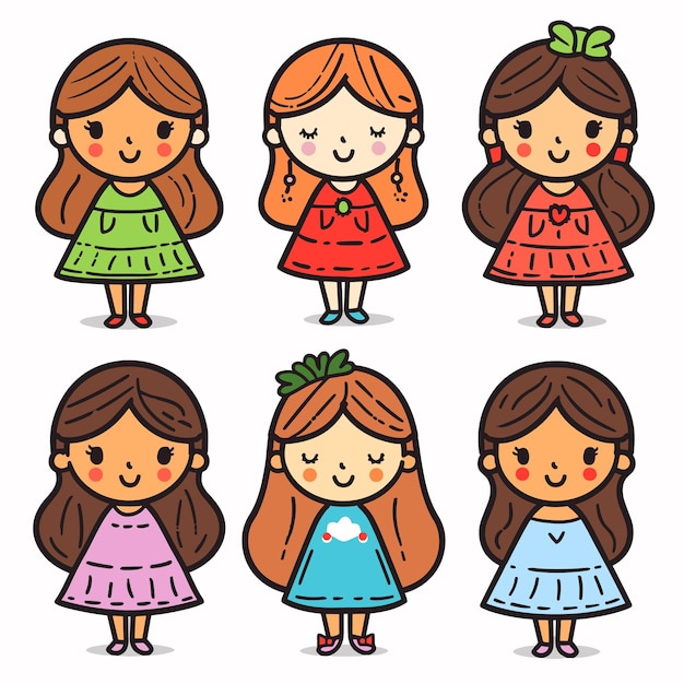 Seis chicas ilustradas sonriendo con diferentes colores de cabello vestidos personajes femeninos de dibujos animados lindos