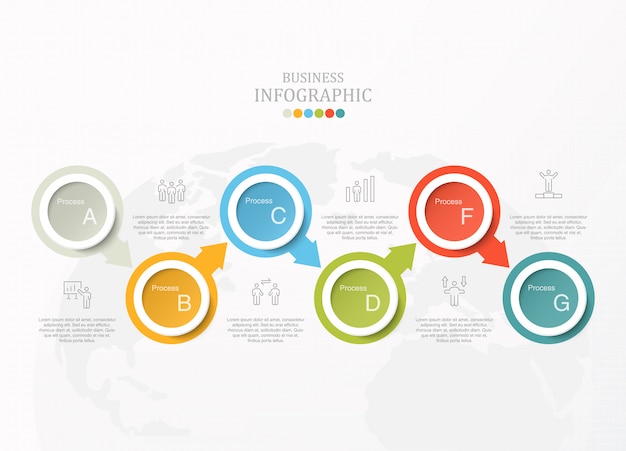 Seis círculos de infografía e iconos para el concepto de negocio.