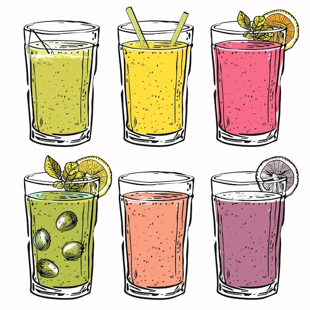 Seis coloridos batidos dibujados a mano ilustraciones varios sabores frutas adornadas batido vibrante