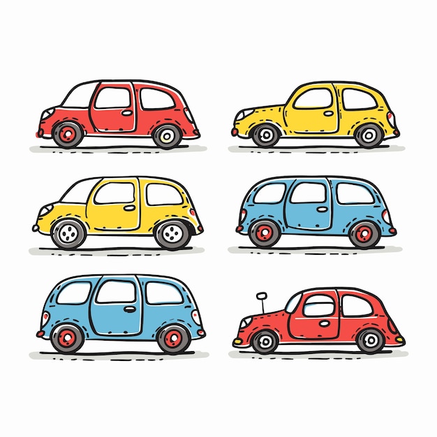 Seis coloridos coches antiguos ilustración de dibujos animados coche retro tiene distintos esquemas de colores de dos tonos