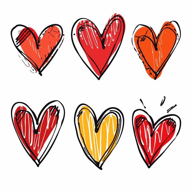 Seis corazones dibujados a mano de diferentes colores que muestran trazos artísticos gotean retratos de estilo gráfico