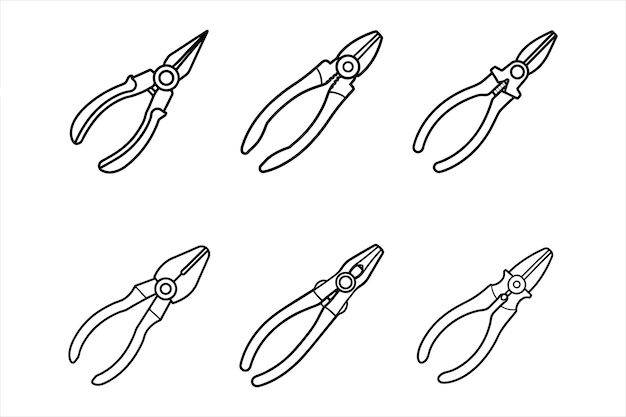 Seis dibujos de líneas de diferentes tipos de herramientas de pinzas