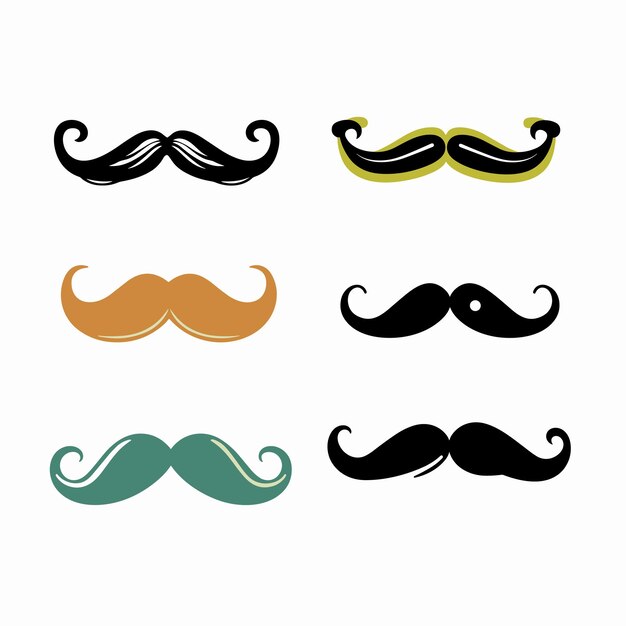 Seis diferentes estilos de bigote ilustración vectorial aislado fondo blanco colores variados planos