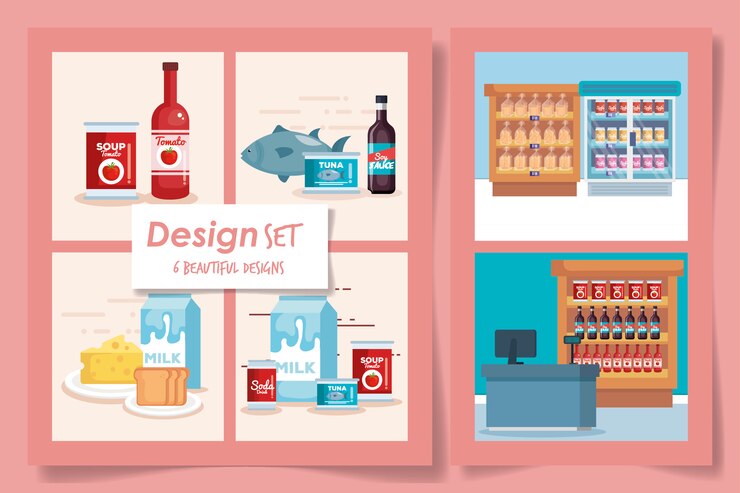 Vector seis diseños conjunto de productos supermercado