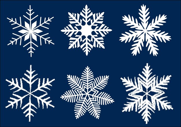 Seis diseños únicos de copos de nieve en blanco sobre un fondo azul oscuro El estilo gráfico es limpio y minimalista que representa temas de invierno Ilustración vectorial