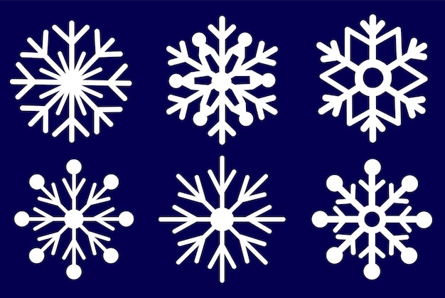 Seis diseños únicos de copos de nieve en blanco sobre un fondo azul oscuro El estilo gráfico es limpio y minimalista que representa temas de invierno Ilustración vectorial