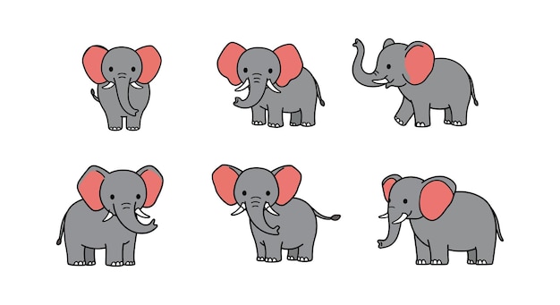 Seis elefantes de dibujos animados juguetones que se involucran en diferentes posturas y expresiones divertidas