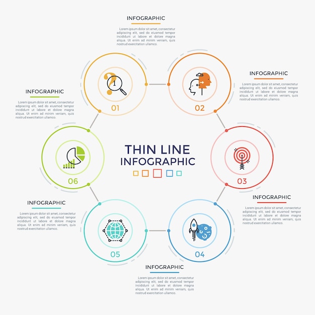 Seis elementos circulares con iconos lineales y números en el interior conectados en un gráfico hexagonal. Concepto de 6 pasos del proceso cíclico. Plantilla de diseño de infografía moderna. Ilustración de vector de informe.