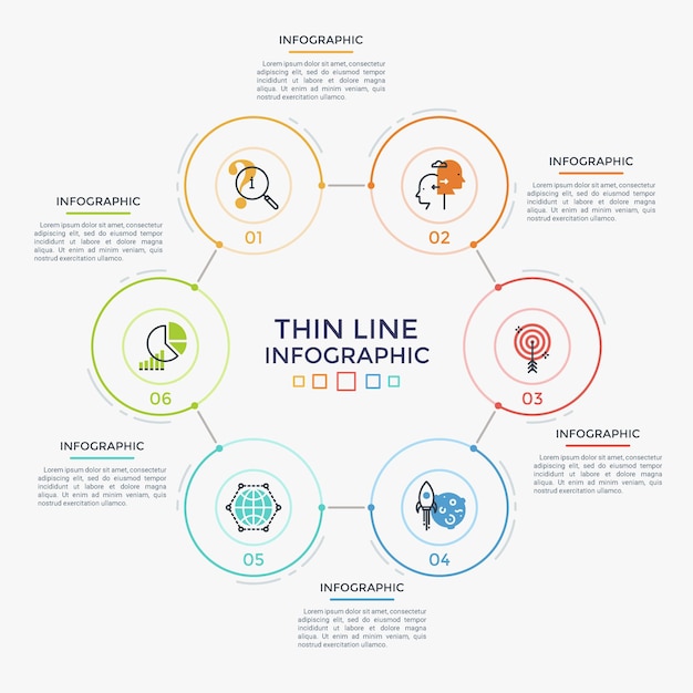 Seis elementos circulares con iconos lineales y números en el interior conectados en un gráfico hexagonal. concepto de 6 pasos del proceso cíclico. plantilla de diseño de infografía moderna. ilustración de vector de informe.