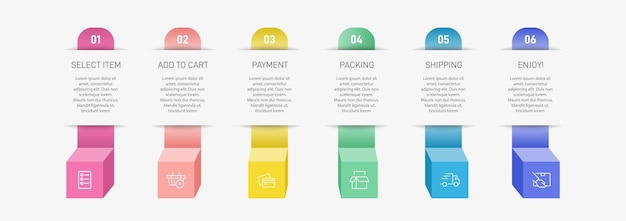 Seis elementos gráficos coloridos Concepto de proceso de compra con 6 pasos sucesivos