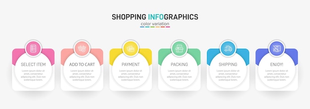 Seis elementos gráficos coloridos concepto de proceso de compra con 6 pasos sucesivos