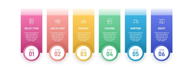 Seis elementos gráficos coloridos Concepto de proceso de compra con 6 pasos sucesivos