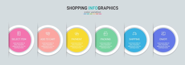 Seis elementos gráficos coloridos Concepto de proceso de compra con 6 pasos sucesivos