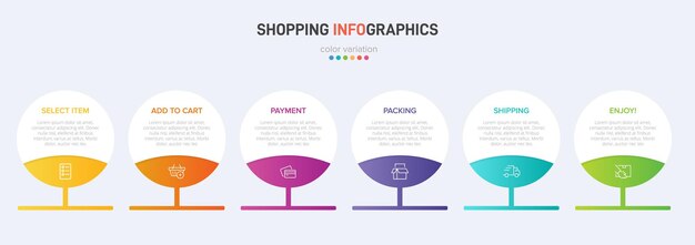 Seis elementos gráficos coloridos para los pasos sucesivos del proceso de compra con iconos y texto