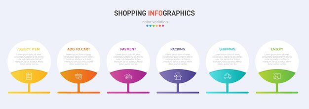 Seis elementos gráficos coloridos para los pasos sucesivos del proceso de compra con iconos y texto