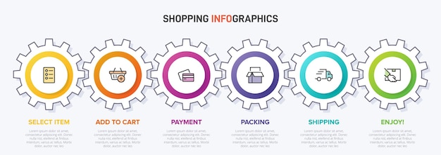 Seis elementos gráficos coloridos para los pasos sucesivos del proceso de compra con iconos y texto