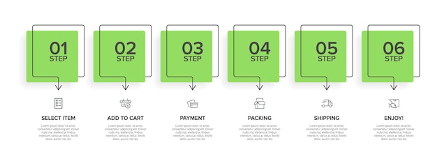 Seis elementos gráficos coloridos para los pasos sucesivos del proceso de compra con iconos y texto