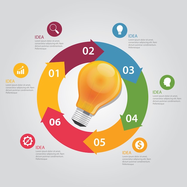 Seis elementos de la idea info gráfico gráfico círculo vector bulbo negocio brillar