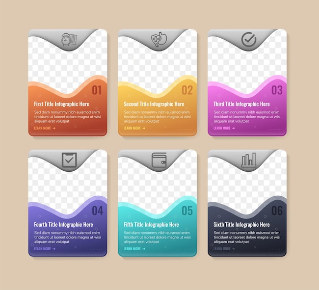 Seis elementos rectangulares separados con ondas de gradiente coloridas como detalles iconos de línea y cuadro de texto