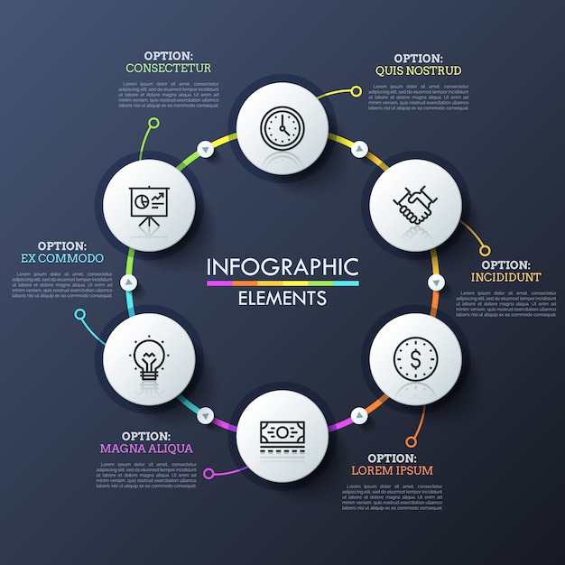 Seis elementos redondos con pictogramas en el interior conectados por líneas de colores y botones de reproducción. plantilla de diseño infográfico inusual.