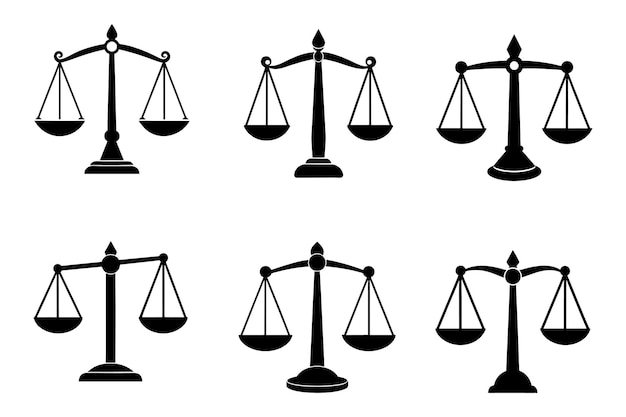 Seis escalas blancas y negras de los íconos de la justicia