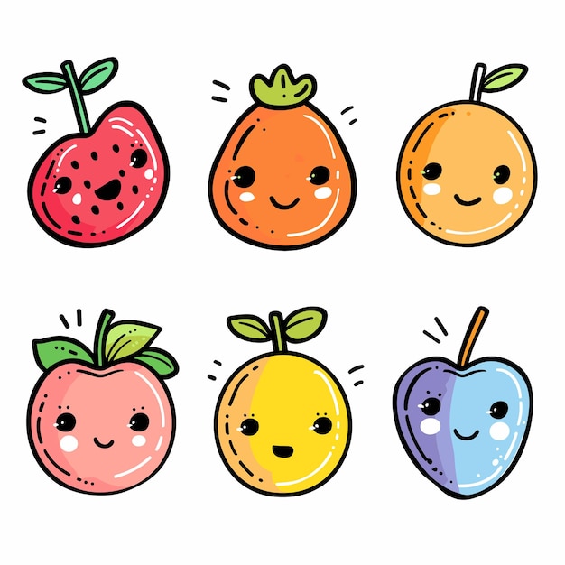 Seis frutas lindas caras sonrientes coloridos personajes de dibujos animados fresa naranja manzana dibujada kawaii